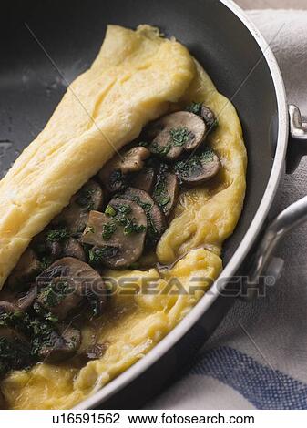 Stock Image - Mushroom Omelette folded in a Omelette Pan. Fotosearch