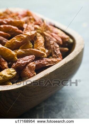 Picture - Dish of Dried Birds Eye Chilies. Fotosearch