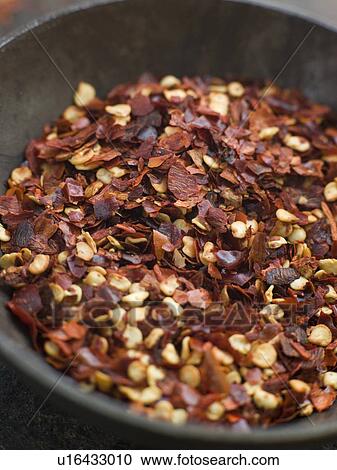 Stock Image - Dish of Dried Chili Flakes. Fotosearch