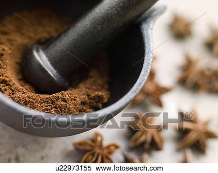 Stock Photography - Ground Star Anise in a Pestle and Mortar. Fotosearch
