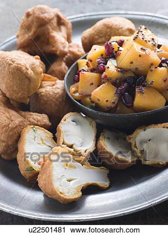 Pakoras- Mushroom and Cauliflower with Mango Mustard and Pomegranate Salad View Large Photo Image Stock Image - Pakoras- Mushroom and Cauliflower with Mango Mustard and Pomegranate Salad. Fotosearch