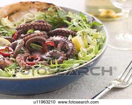 Stock Image - Baby Octopus Salad with Frisse Roquette and Chargrilled Bread. Fotosearch