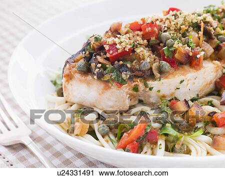 Baked Sicilian Swordfish with Linguine View Large Photo Image Stock Image - Baked Sicilian Swordfish with Linguine. Fotosearch