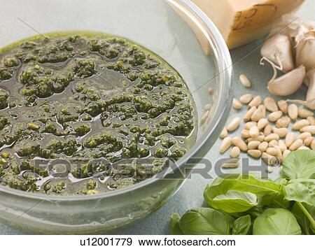 Stock Photo - Bowl of Fresh Pesto with Ingredients. Fotosearch