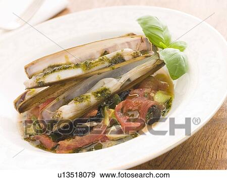 Razor Clams with Stewed Tomatoes Garlic and Olives View Large Photo Image Stock Photo - Razor Clams with Stewed Tomatoes Garlic and Olives. Fotosearch