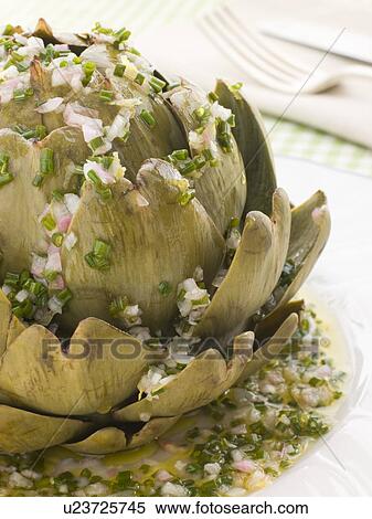 Warm Globe Artichoke Vinaigrette View Large Photo Image Stock Photography - Warm Globe Artichoke Vinaigrette. Fotosearch