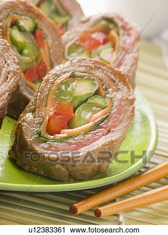 Stock Image - Beef and Vegetable Rolls. Fotosearch