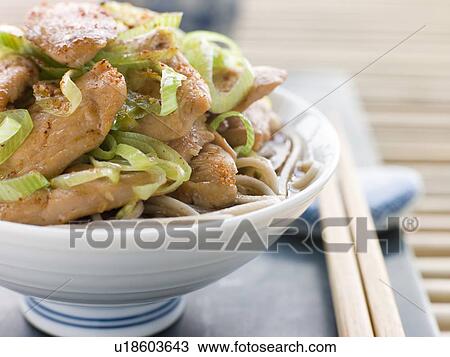 Stock Image - Bowl of Chicken and LeekSoba Noodles in Broth. Fotosearch