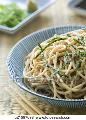 Stock Photo - Bowl of Chilled Soba Noodles with Wasabi. Fotosearch