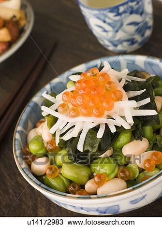 Stock Image - Broad Bean Daikon and Salmon Roe. Fotosearch