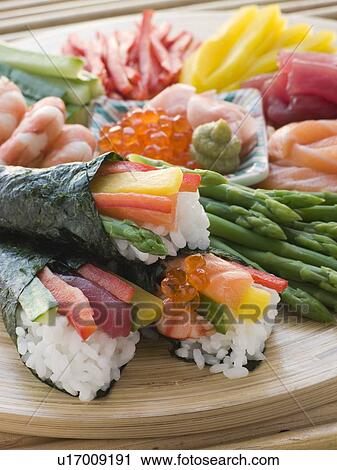 Seafood and Vegetable Hand Rolled Sushi View Large Photo Image Stock Image - Seafood and Vegetable Hand Rolled Sushi. Fotosearch