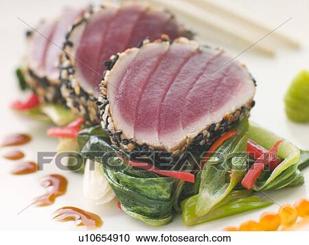 Seared Yellow Fin Tuna with Sesame Seeds Sweet Fried pac Choi and Salmon Roe View Large Photo Image Stock Image - Seared Yellow Fin Tuna with Sesame Seeds Sweet Fried pac Choi and Salmon Roe. Fotosearch