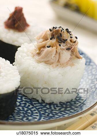 Stock Photography - Sushi Rice Balls with Smoked Mackerel and Ameboshi Paste. Fotosearch