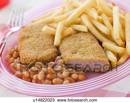 Stock Image - Breadcrumbed Luncheon Meat with Baked Beans and Chips. Fotosearch