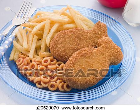 Stock Image - Fish Cakes with Spaghetti Hoops and Chips. Fotosearch