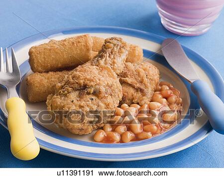 Southern Fried Chicken with Croquette Potatoes and Baked Beans View Large Photo Image Stock Image - Southern Fried Chicken with Croquette Potatoes and Baked Beans. Fotosearch