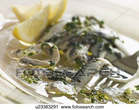 Stock Image - Anchovies marinated in Herbs Garlic and Lemon. Fotosearch