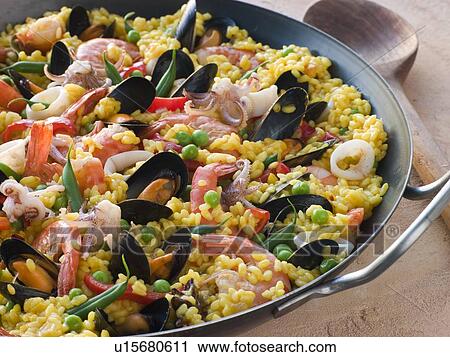 Stock Image - Seafood Paella in a Paella Pan. Fotosearch