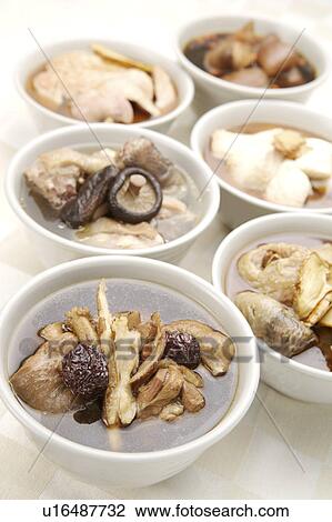 Stock Image - Mushroom chicken, four herb chicken, sesame oil chicken in the bowl. Fotosearch