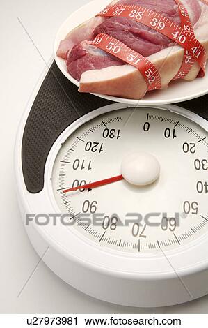 Stock Image - Close-up of a plate of pork on the weight scale. Fotosearch
