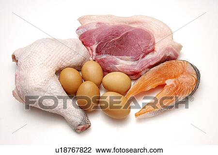 Stock Image - Close-up of chicken, pork, fish and eggs. Fotosearch