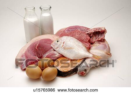 Stock Photograph - Different kinds of meat, eggs and two bottles of milk. Fotosearch