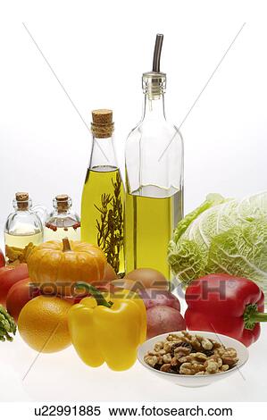 Many kinds of food and two bottles of olive oil View Large Photo Image Stock Photography - Many kinds of food and two bottles of olive oil. Fotosearch