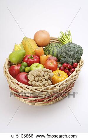 Stock Photograph - Close-up of a basket of different kinds of fruits and vegetables. Fotosearch