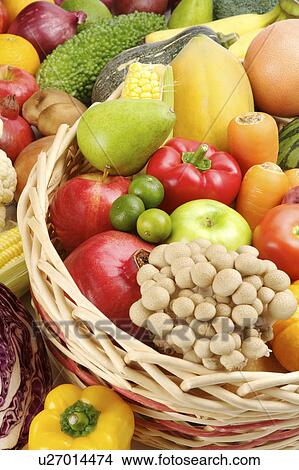 Close-up of a stack of different kinds of fruits and vegetables in a basket View Large Photo Image Picture - Close-up of a stack of different kinds of fruits and vegetables in a basket. Fotosearch