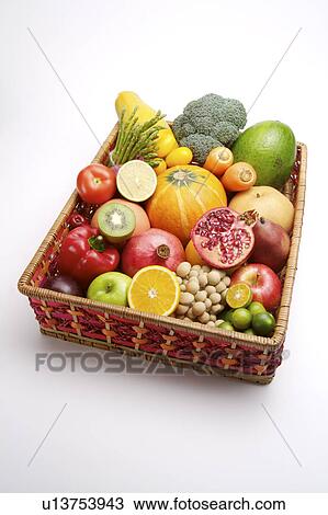 Stock Image - Close-up of a stack of different kinds of fruits and vegetables in a basket. Fotosearch