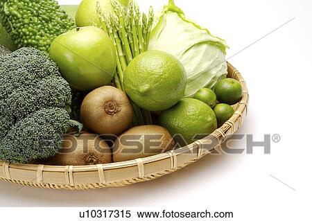 Stock Photography - Close-up of a stack of different kinds of fruits and vegetables in a dustpan. Fotosearch