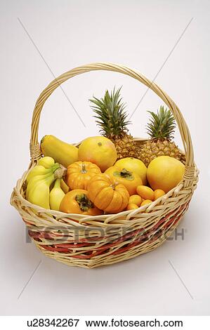 Close-up of a stack of yellow fresh fruits and vegetables in a basket View Large Photo Image Stock Photo - Close-up of a stack of yellow fresh fruits and vegetables in a basket. Fotosearch