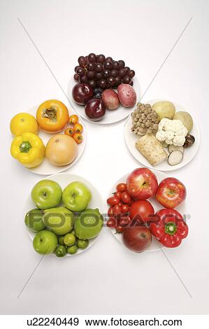 Stock Photo - Close-up of different kinds of fruits and vegetables on five plates. Fotosearch