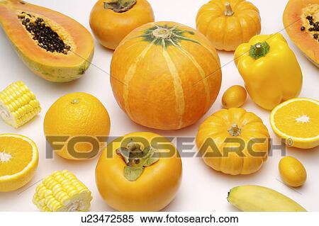 Close-up of different kinds of fruits and vegetables of yellow color View Large Photo Image Stock Photography - Close-up of different kinds of fruits and vegetables of yellow color. Fotosearch