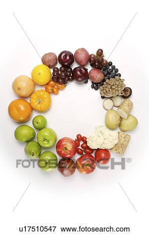 Stock Photo - Fruits and vegetables in the shape of letter O, close-up. Fotosearch