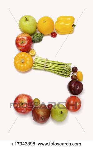Stock Photo - Fruits and vegetables in the shape of number 5, close-up. Fotosearch