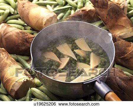 Stock Photograph - Boiled bamboo shoot and green peas. Fotosearch