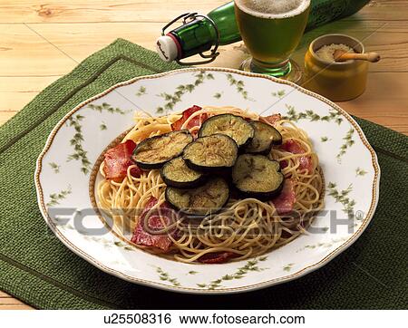 Spaghetti with eggplant and bacon View Large Photo Image Stock Photograph - Spaghetti with eggplant and bacon. Fotosearch