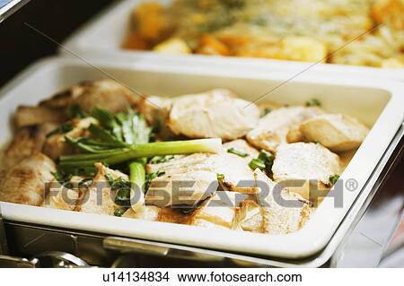 Picture - Close-up of chicken and leek in a container. Fotosearch