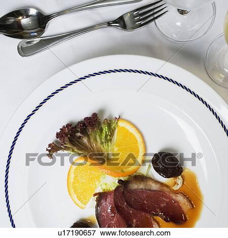 Stock Photo - High angle view of bacon with gravy on a plate. Fotosearch