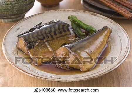 Stock Image - Boiled Mackerel with Ginger. Fotosearch