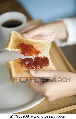 Human hand of young woman breaking toast with jam View Large Photo Image Stock Photo - Human hand of young woman breaking toast with jam. Fotosearch