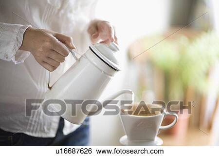 Human hand of young woman making coffee View Large Photo Image Stock Photograph - Human hand of young woman making coffee. Fotosearch