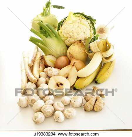 Picture - Five-a-day - White fruit and vegetables. Fotosearch