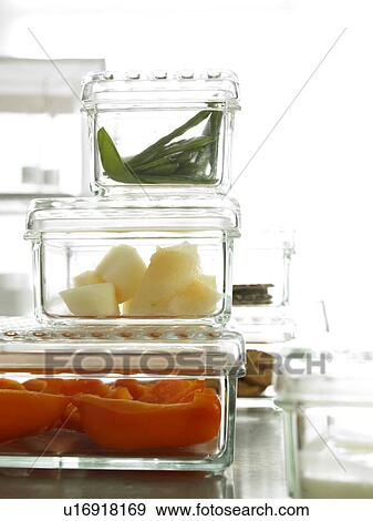 Glass boxes with mange tout, paprika and kohlrabi View Large Photo Image Stock Photo - Glass boxes with mange tout, paprika and kohlrabi. Fotosearch