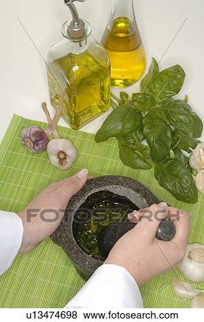 vinegar and oil, basil and mortar View Large Photo Image Stock Photo - vinegar and oil, basil and mortar. Fotosearch