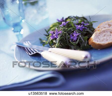 Tellergericht mit Rucolasalat, Eßblumen und Brot View Large Photo Image Stock Photo - Tellergericht mit Rucolasalat, Eßblumen und Brot. Fotosearch