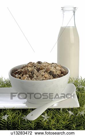 Fruit muesli and milk bottle View Large Photo Image Stock Image - Fruit muesli and milk bottle. Fotosearch