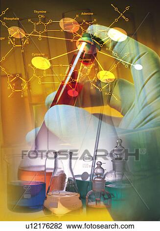 Drawing - Beakers and chemicals superimposed on a colored background. Fotosearch