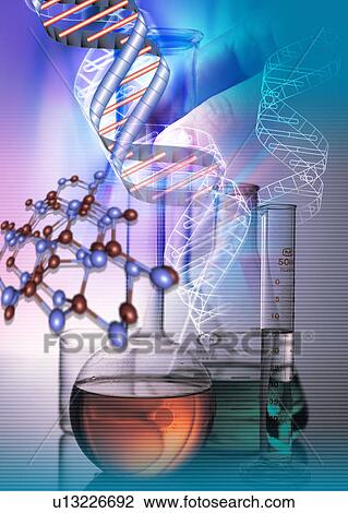 Drawing - Beakers and DNA superimposed on a blue background. Fotosearch
